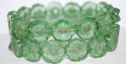 Table Cut Round Beads Hawaii Flowers, Transparent Green Luster Cream (50520 14401), Glass, Czech Republic