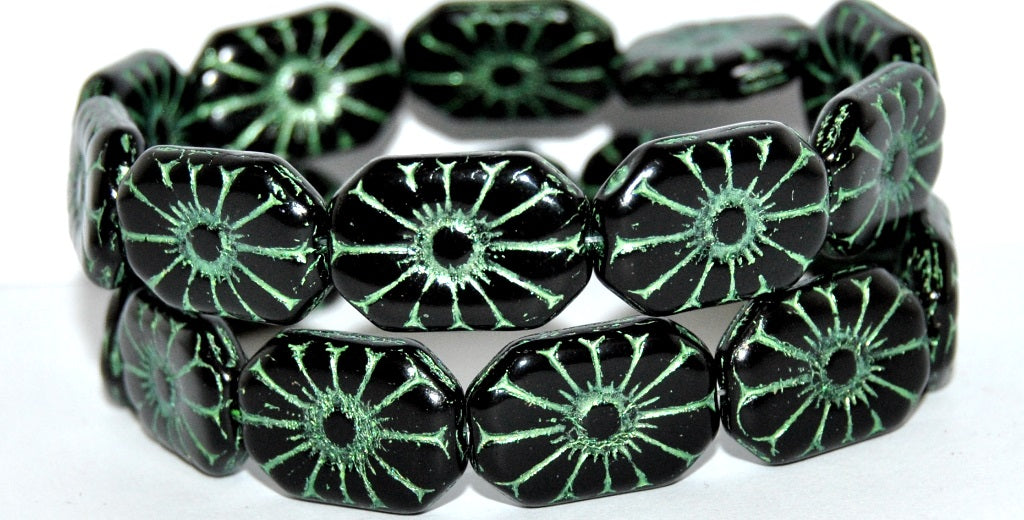 Rounded Rectangle With Flower Pressed Glass Beads, Black 43813 Metalic (23980 43813 Metalic), Glass, Czech Republic