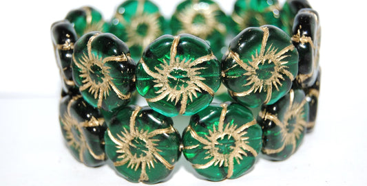 6-Petal Flower Pressed Glass Beads, Transparent Green Emerald 54202 (50710 54202), Glass, Czech Republic