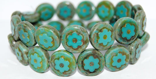 Table Cut Round Beads With Flower, Turquoise Travertin (63130 86800), Glass, Czech Republic