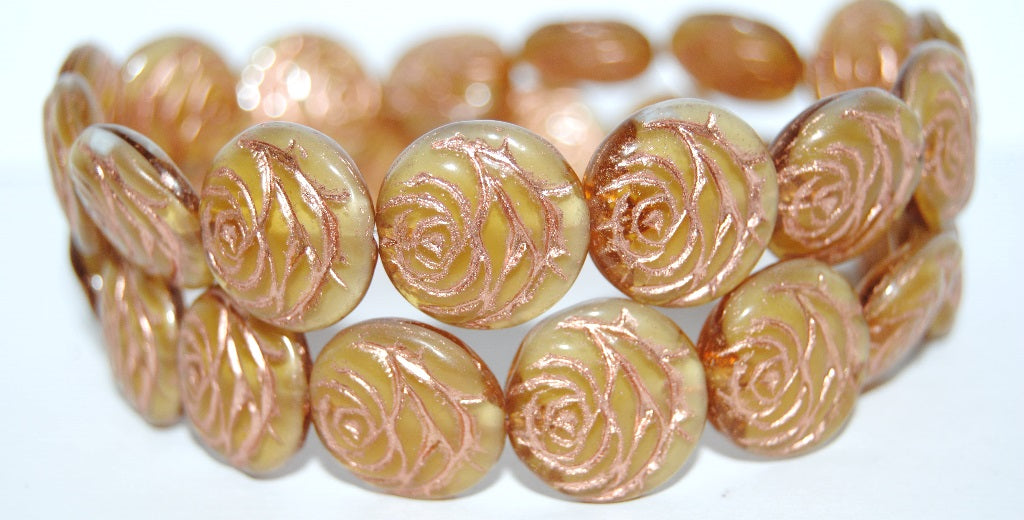 Round Flat Rose Flower Pressed Glass Beads, (6108 54200), Glass, Czech Republic