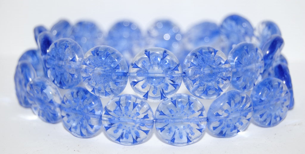 Flat Round With Flower Pressed Glass Beads, (37008 33202), Glass, Czech Republic