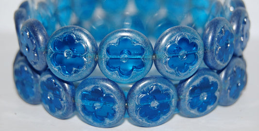 Table Cut Round Beads With Flower, Transparent Aqua Luster Cream (60050 14401), Glass, Czech Republic