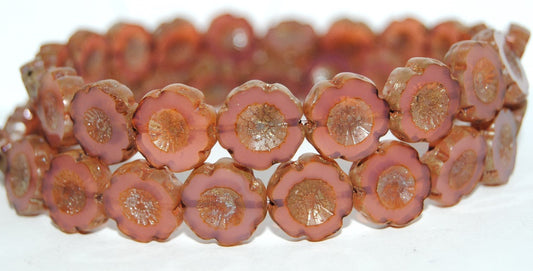 Table Cut Round Beads Hawaii Flowers, Opal Pink 43400 (71010 43400), Glass, Czech Republic