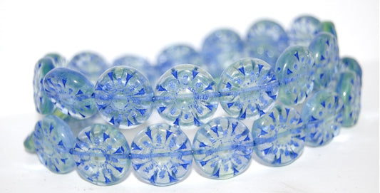 Flat Round With Flower Pressed Glass Beads, (87301 33202), Glass, Czech Republic
