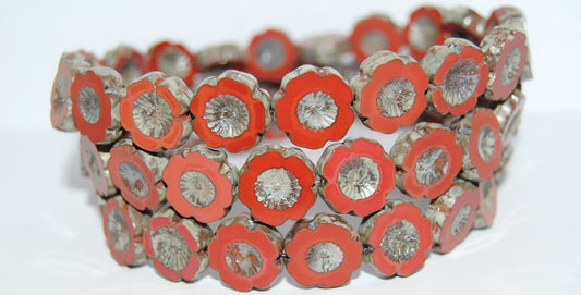 Table Cut Round Beads Hawaii Flowers, Opaque Red 43400 (93210 43400), Glass, Czech Republic