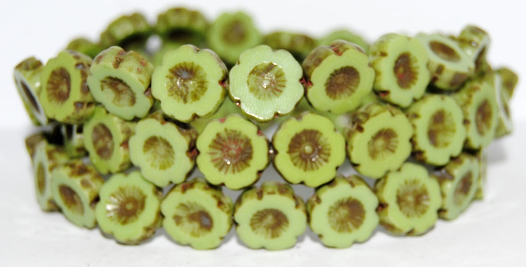 Table Cut Round Beads Hawaii Flowers, Opaque Green Travertin (53300 86800), Glass, Czech Republic