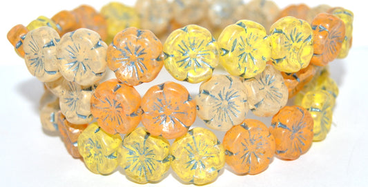 Hawaii Flower Pressed Glass Beads, Yellow Mixed Colors Lava 43811 Metalic (Yellow Mix Lava 43811 Metalic), Glass, Czech Republic