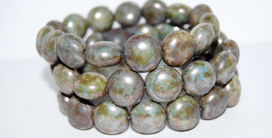 Rouns Flattened Glass Beads, White Luminescent Green (2010 65431), Glass, Czech Republic