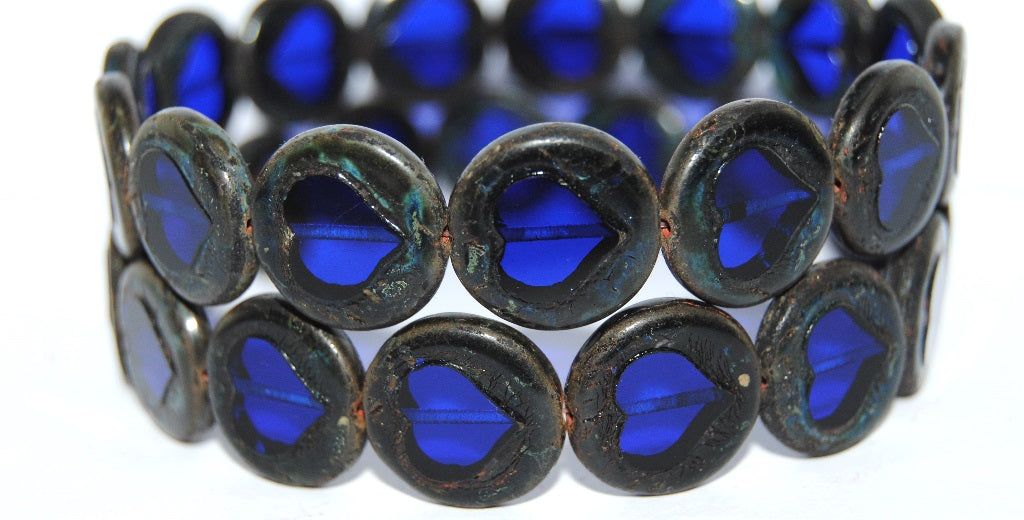 Table Cut Round Beads With Heart, Transparent Blue Travertin (30080 86800), Glass, Czech Republic