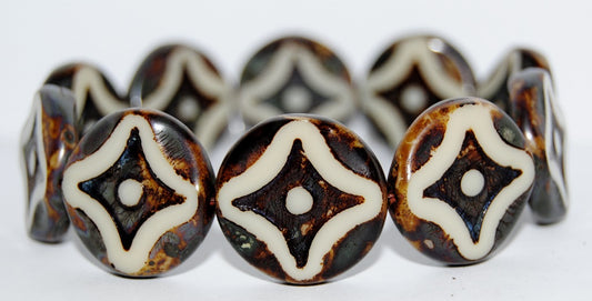 Table Cut Round Beads With Star, Beige Travertin (13020 86800), Glass, Czech Republic
