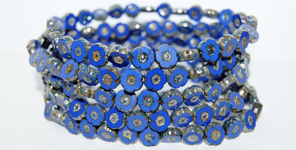 Table Cut Round Beads Hawaii Flowers, Rich Blue 43400 (33060 43400), Glass, Czech Republic