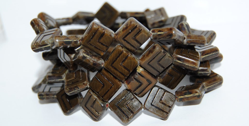 Table Cut Rhomb Beads With Lines, 16617 Travertin Antiq (16617 86800 Antiq), Glass, Czech Republic