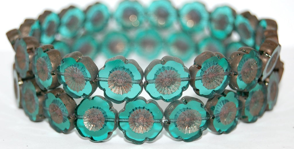 Table Cut Round Beads Hawaii Flowers, Transparent Green Emerald Bronze (50710 14415), Glass, Czech Republic