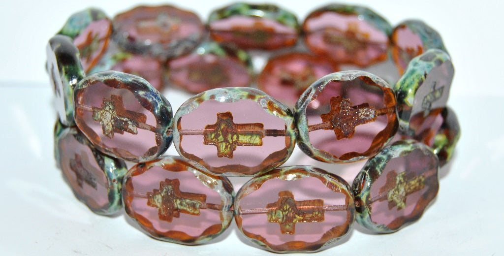 Table Cut Oval Beads With Cross, Transparent Light Amethyst Travertin (20020 86800), Glass, Czech Republic