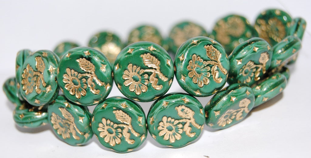 Round Flat With Flower Marguerite Pressed Glass Beads, (56106 54202), Glass, Czech Republic