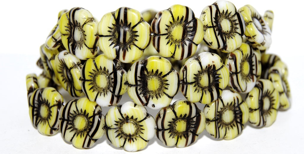 Round Flat Flower Pressed Glass Beads, (85015 23202), Glass, Czech Republic