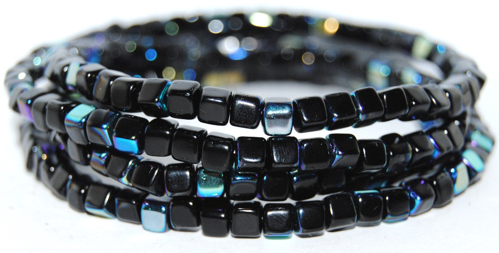 Cube Pressed Glass Beads, Black Ab (23980 Ab), Glass, Czech Republic