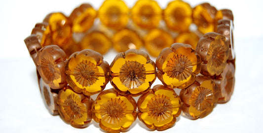 Table Cut Round Beads Hawaii Flowers, Transparent Orange Bronze Matte (90010 14415M), Glass, Czech Republic