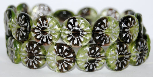 Flat Round With Flower Pressed Glass Beads, (27501 54201), Glass, Czech Republic