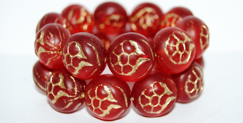 Round With Flower Pressed Glass Beads, Transparent Red 54202M (90060 54202M), Glass, Czech Republic