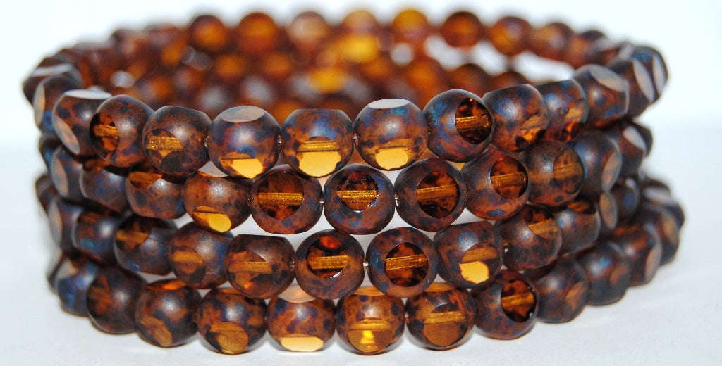 3-Cut Round Beads, Transparent Orange Travertin (10040 86800), Glass, Czech Republic