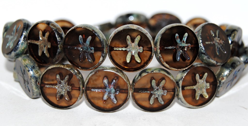 Table Cut Round Beads With Dragonfly, Transparent Brown 43400 (10230 43400), Glass, Czech Republic