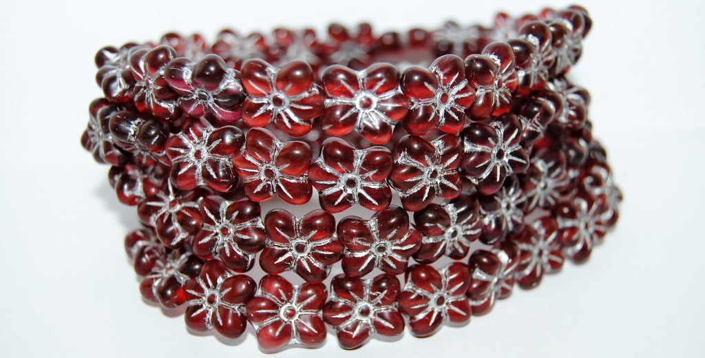 Flower Pressed Glass Beads, Transparent Red 54201M (70350 54201M), Glass, Czech Republic