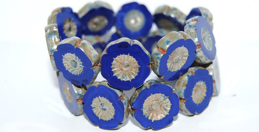 Table Cut Round Beads Hawaii Flowers, Opaque Blue 43500 (33070 43500), Glass, Czech Republic