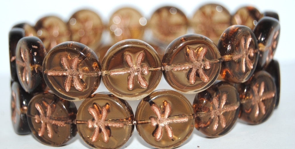 Round Flat Wit Dragonfly Pressed Glass Beads, Transparent Brown 54200 (10210 54200), Glass, Czech Republic