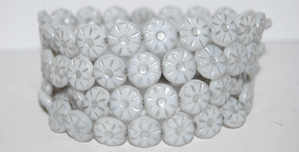 Flower Pressed Glass Beads, White 54201 (2010 54201), Glass, Czech Republic