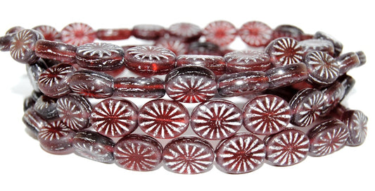 Flat Oval Pressed Glass Beads With Rays, Transparent Red 54201 (90060 54201), Glass, Czech Republic