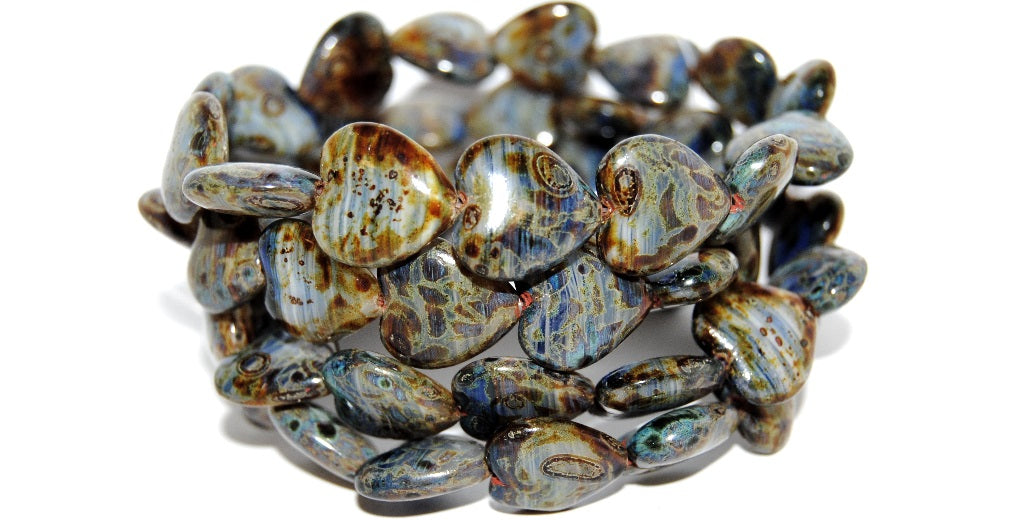 Heart Pressed Glass Beads, Opaque White Blue Striped Travertin (35000 86800), Glass, Czech Republic