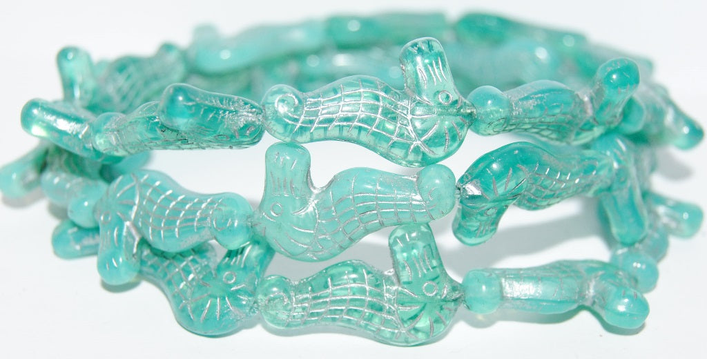 Seahorse Pressed Glass Beads, Opal Aqua 54201 (61000 54201), Glass, Czech Republic