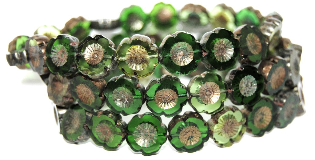 Table Cut Round Beads Hawaii Flowers, Mixed Colors Green 4314415 (Mix Green 4314415), Glass, Czech Republic