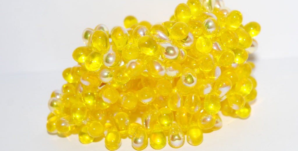 Pear Drop Pressed Glass Beads, Transparent Yellow Ab (80020 Ab), Glass, Czech Republic