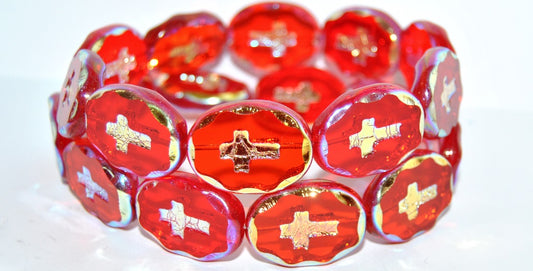 Table Cut Oval Beads With Cross, Light Siam Ab 2Xside (90070 Ab 2Xside), Glass, Czech Republic
