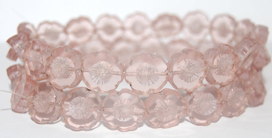 Table Cut Round Beads Hawaii Flowers, Transparent Pink Luster Cream (70120 14401), Glass, Czech Republic