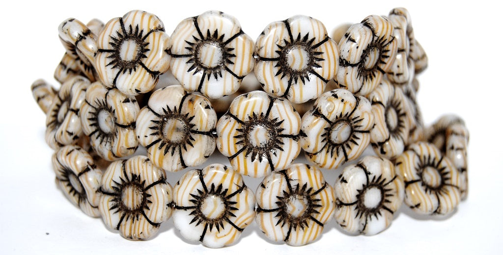 Round Flat Flower Pressed Glass Beads, Orange 23202 (8902 23202), Glass, Czech Republic