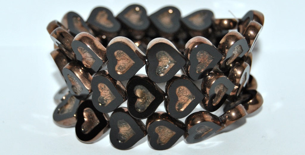 Table Cut Heart Beads With Heart, Black Bronze (23980 14415), Glass, Czech Republic