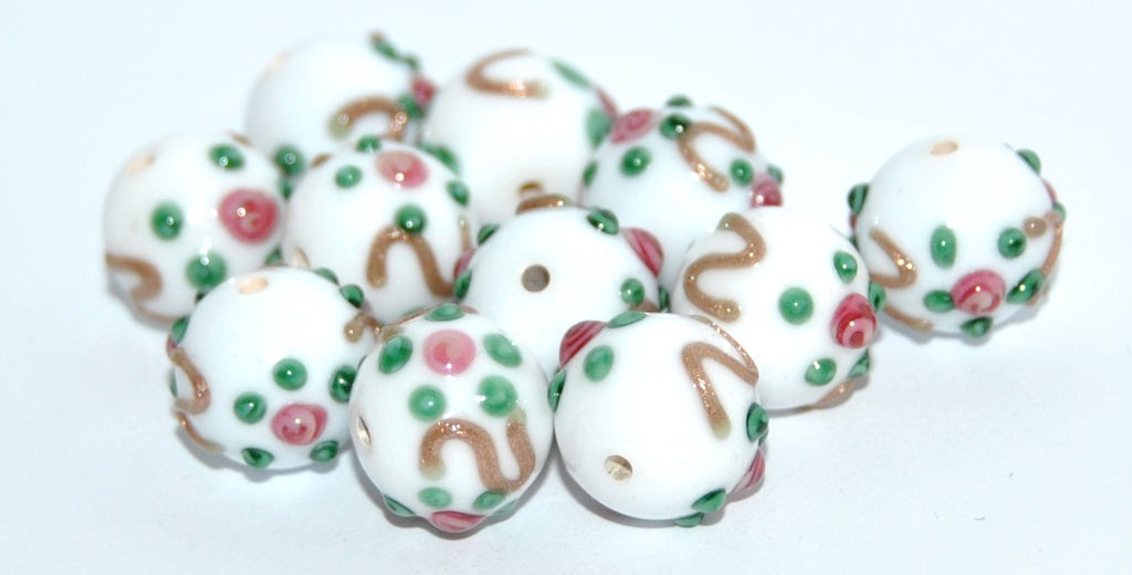 Czech Glass Hand Made Round Lampwork Beads With Flower, (D), Glass, Czech Republic