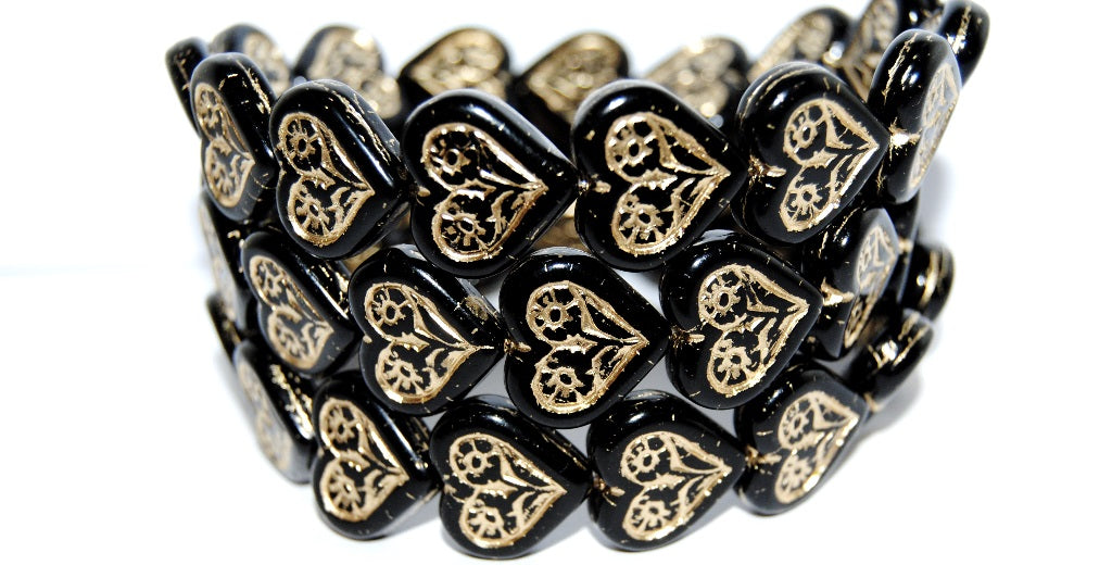 Heart With Flower Pressed Glass Beads, Black 54202 (23980 54202), Glass, Czech Republic