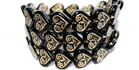 Heart With Flower Pressed Glass Beads, Black 54202 (23980 54202), Glass, Czech Republic