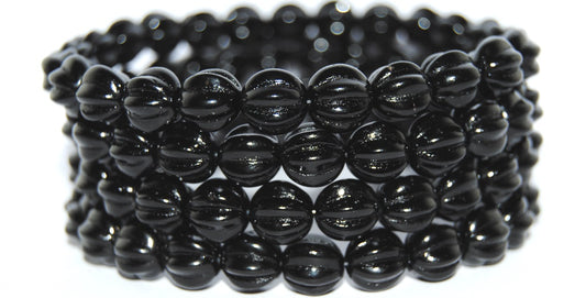 Melon Round Pressed Glass Beads With Stripes, Black (23980), Glass, Czech Republic