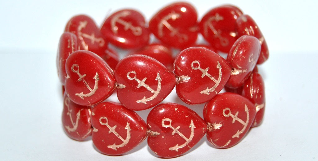 Heart With Anchor Pressed Glass Beads, Opal Red 54200 (91250 54200), Glass, Czech Republic