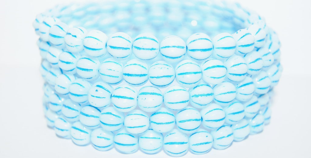 Melon Round Pressed Glass Beads With Stripes, Chalk White 44863 (3000 44863), Glass, Czech Republic