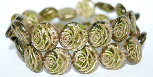 Round Flat Rose Flower Pressed Glass Beads, (57701 54202), Glass, Czech Republic