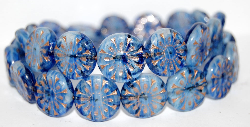 Flat Round With Flower Pressed Glass Beads, (65014 54200), Glass, Czech Republic