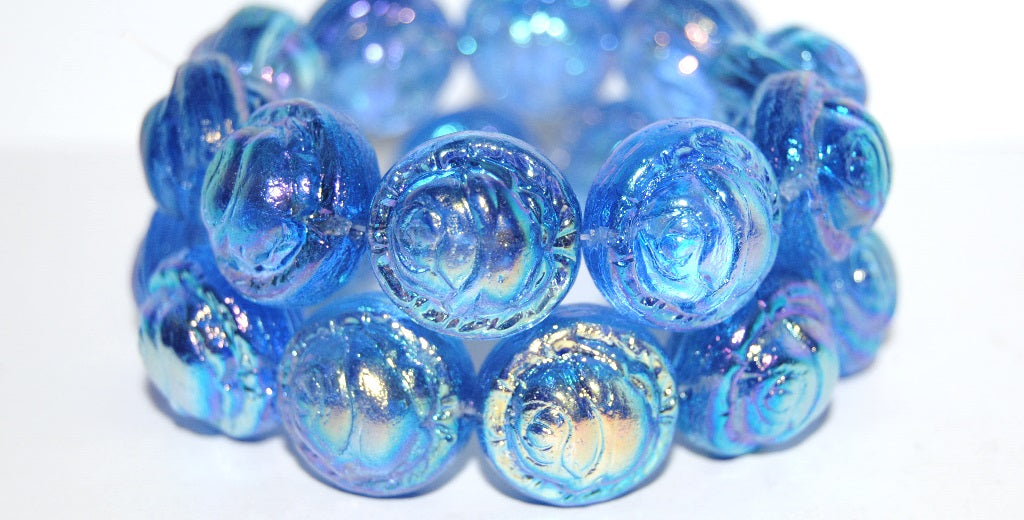 Round With Rose Flower Pressed Glass Beads, Transparent Blue Ab 2X (30020 Ab 2X), Glass, Czech Republic