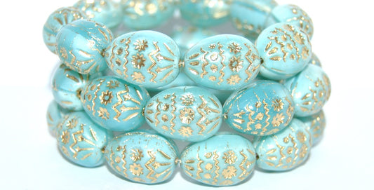 Oval Egg With Decor Pressed Glass Beads, Opal Aqua 54202 (61300 54202), Glass, Czech Republic